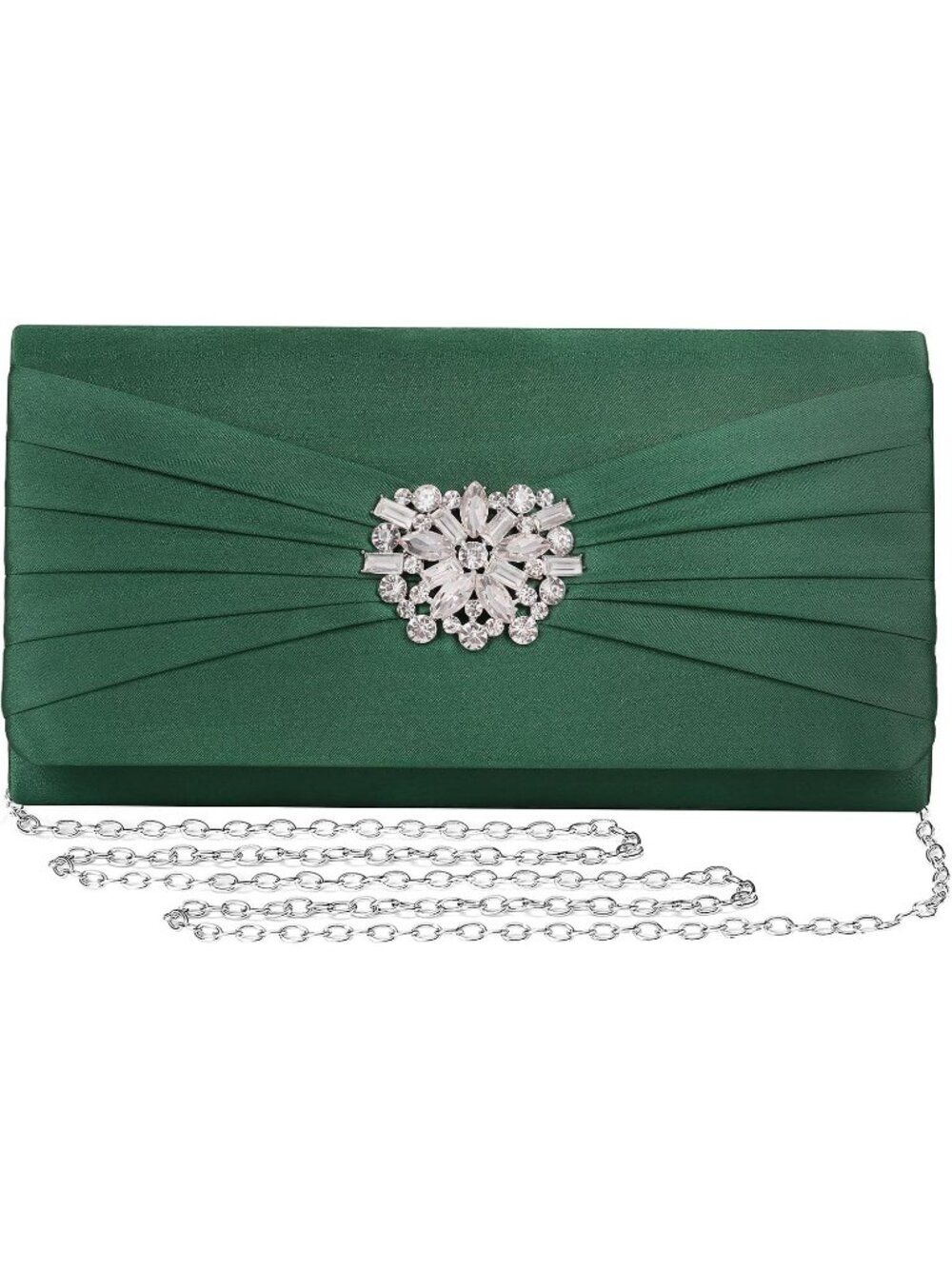 〽️Women's Green Satin Brooch Rhinestone Clutch Detachable Chain Evening Bags
